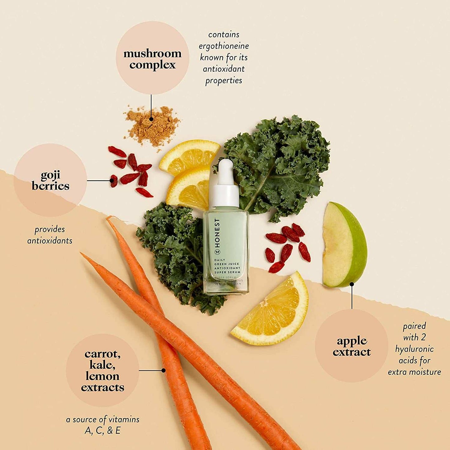 Cruelty-free antioxidant super serum with niacinamide, hyaluronic acid, and plant extracts, surrounded by natural ingredients like goji berries and apple extract.