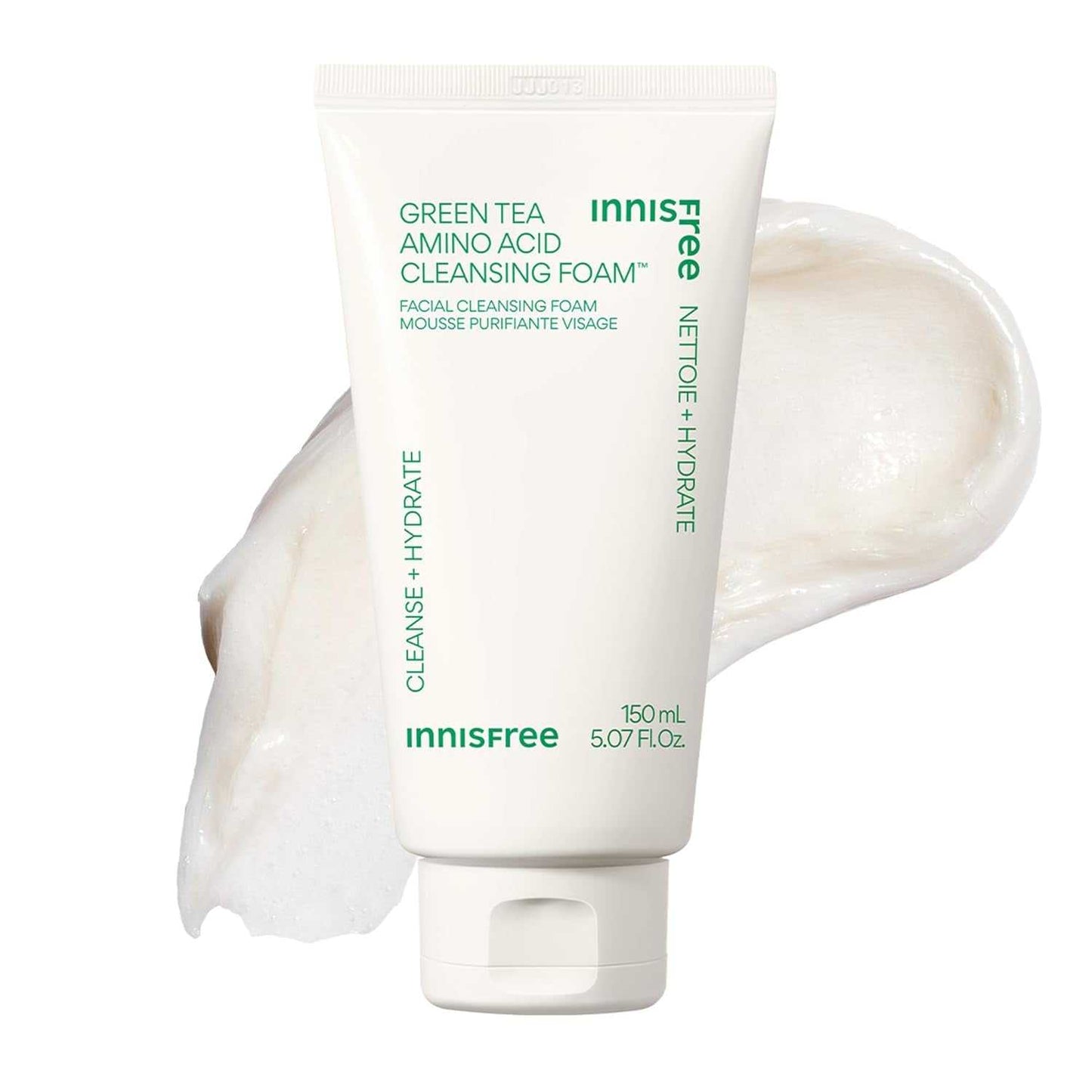 Deep cleansing green tea amino acid face wash in 150ml tube for gentle hydration and antioxidant protection.