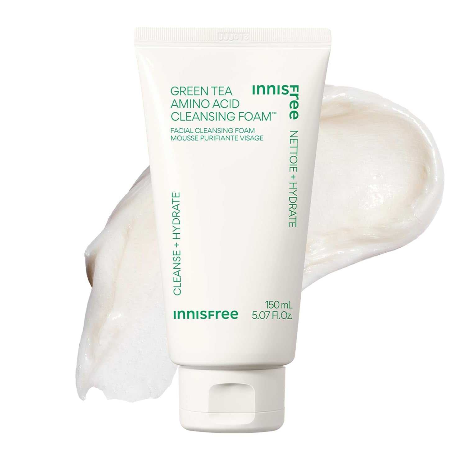 Deep cleansing green tea amino acid face wash in 150ml tube for gentle hydration and antioxidant protection.