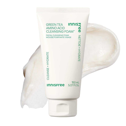 Deep cleansing green tea amino acid face wash in 150ml tube for gentle hydration and antioxidant protection.