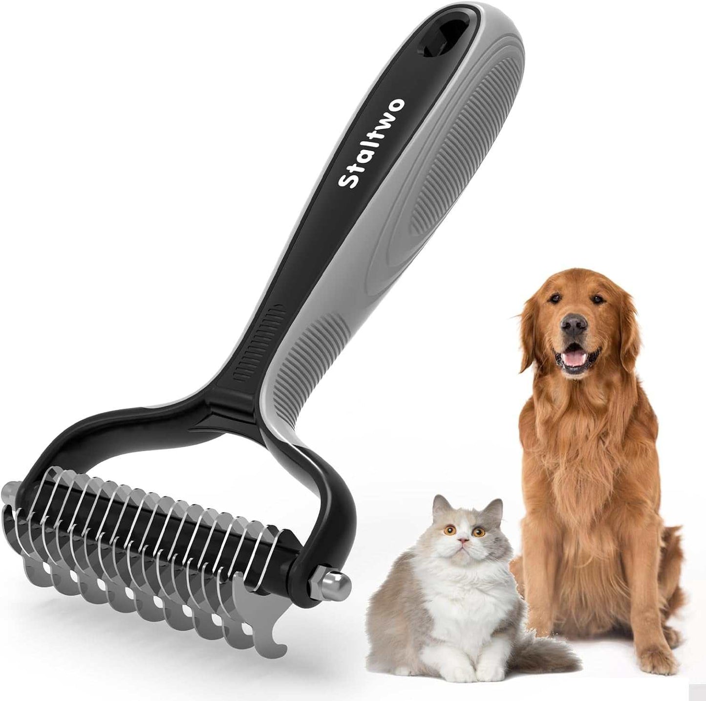 Grey ergonomic pet undercoat rake brush with stainless steel teeth for long-haired dogs and cats grooming.