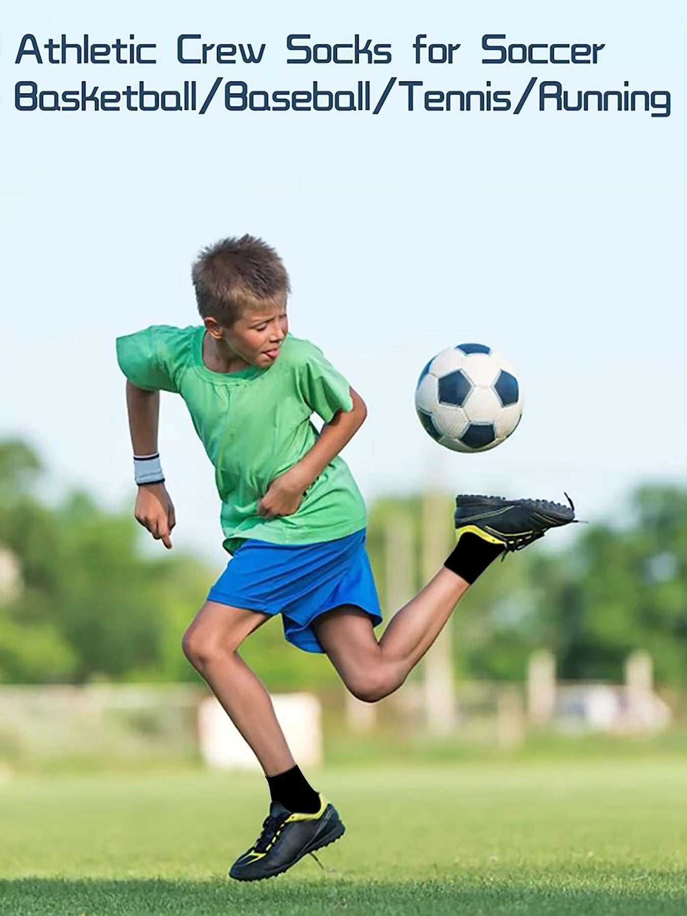Child playing soccer wearing mid-cut athletic crew socks. Ideal for sports like basketball, baseball, tennis, and running; comfortable and durable.