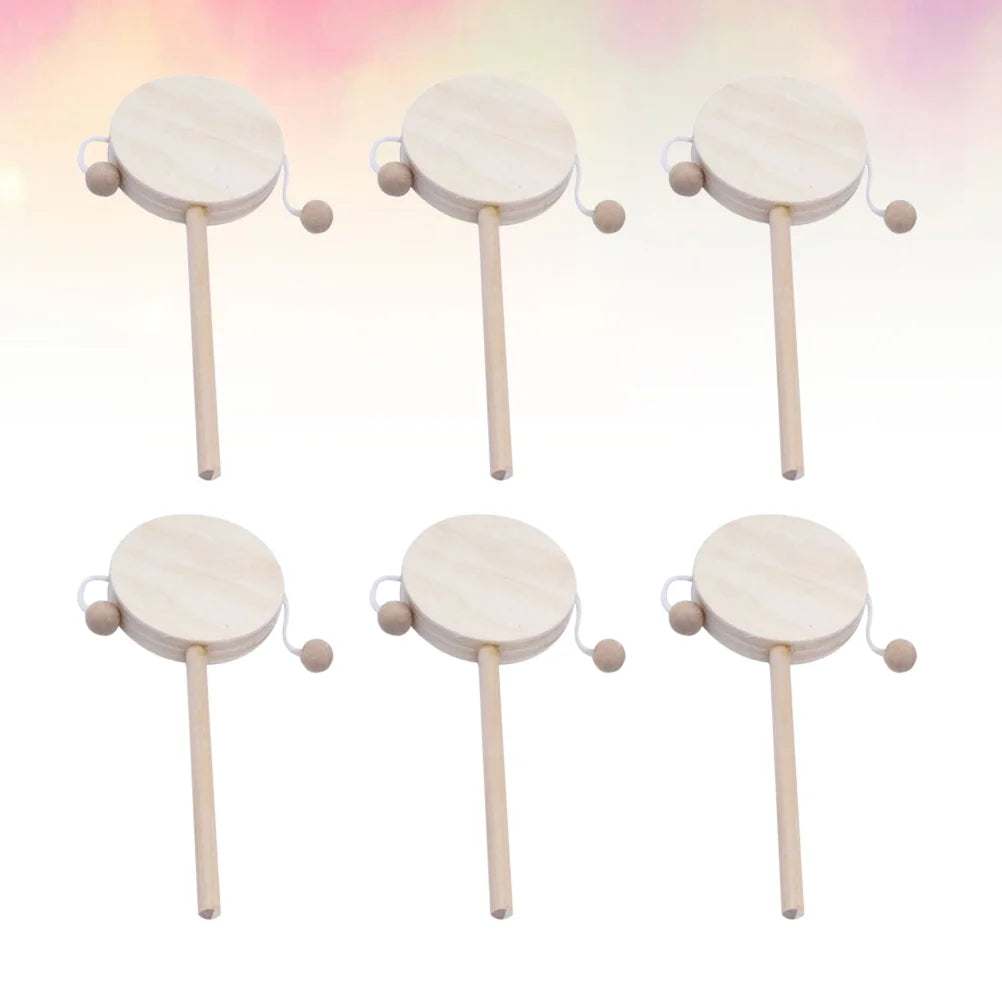 DIY Rattle-Drum Wooden Shaking Toy set with six unfinished drums for creative crafting.