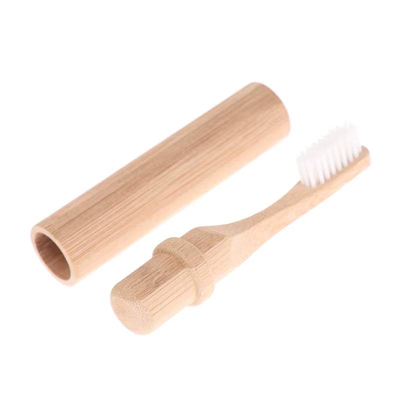 Wood handle portable bamboo toothbrush with white bristles and matching bamboo case
