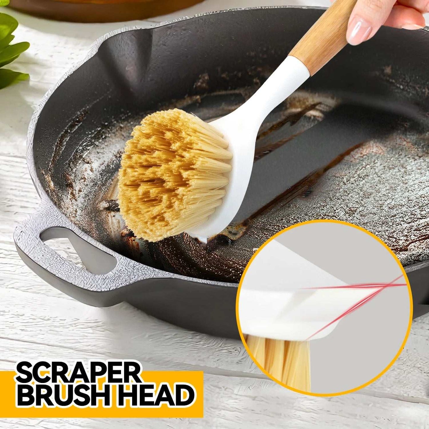 Bamboo handle brush scrubbing a pan with durable bristles, featuring ergonomic design for kitchen cleaning.