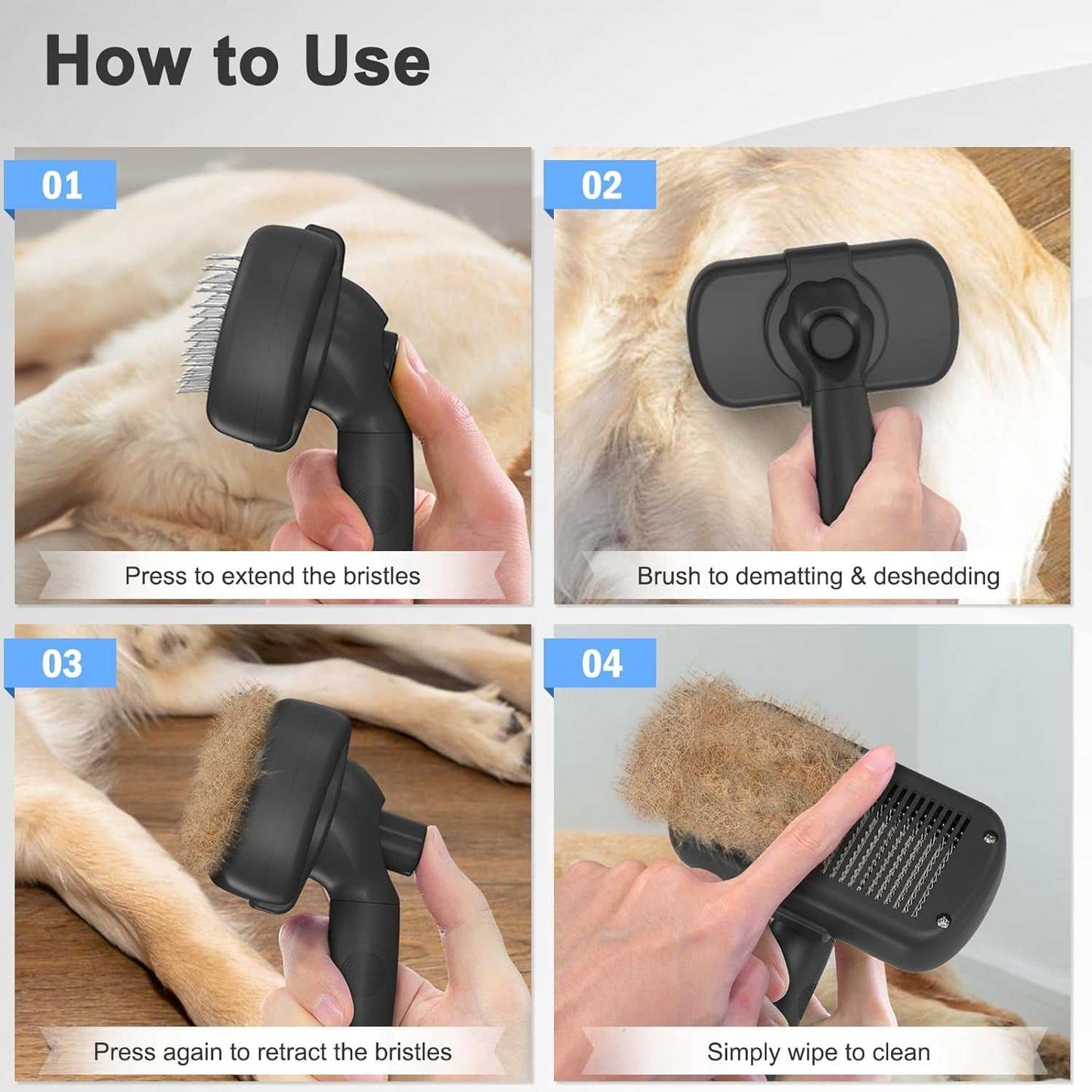 Pet Self Cleaning Brush with stainless steel bristles and ergonomic handle for easy fur removal and self-cleaning on dogs and cats