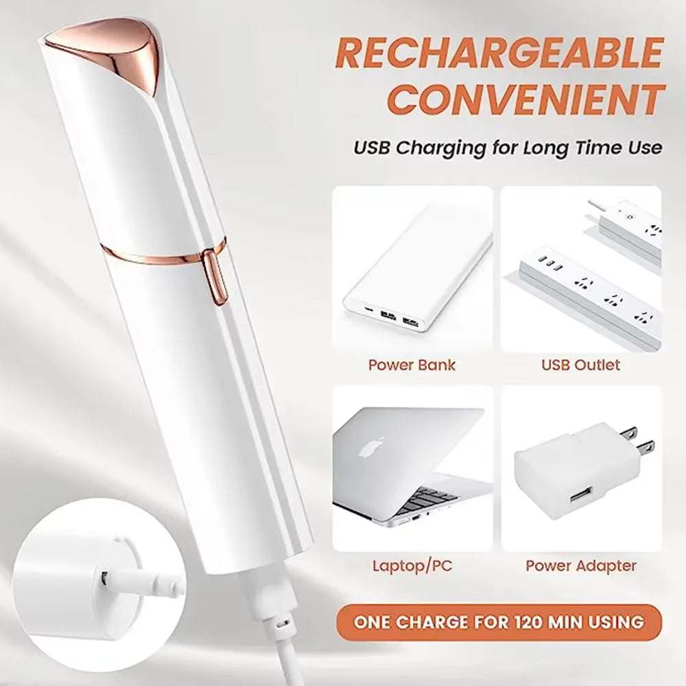 Portable electric hair removal trimmer with USB rechargeable design, showcasing charging options and highlighting convenient usage.