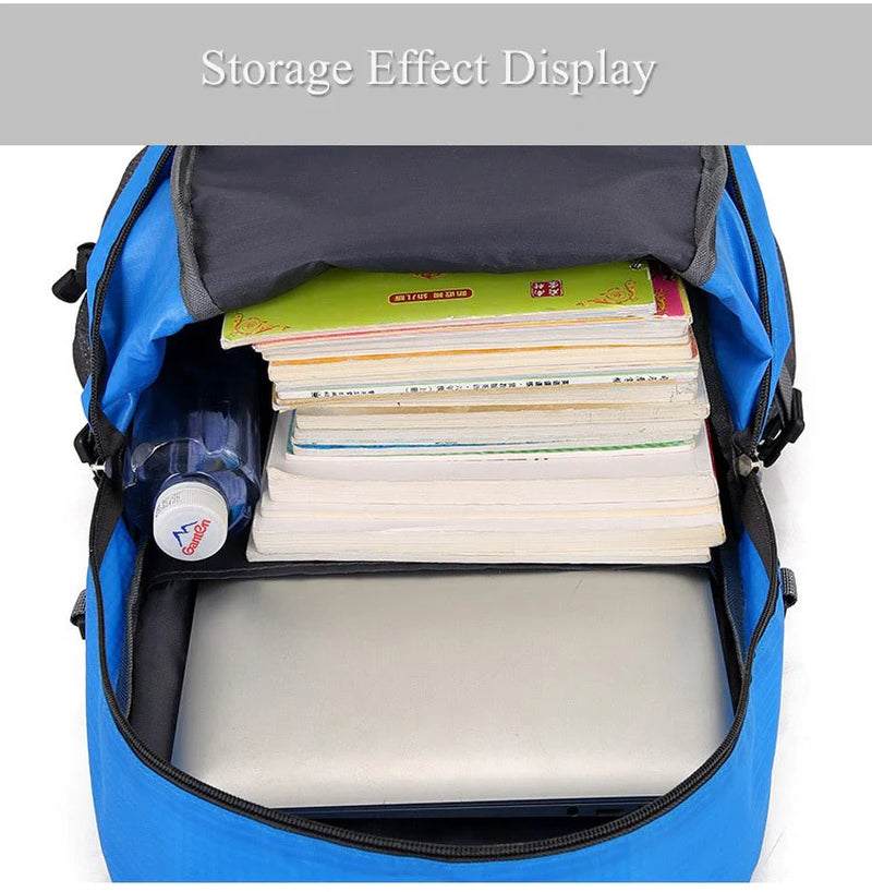 Blue rucksack backpack with open storage showing books, a laptop, and a water bottle inside.