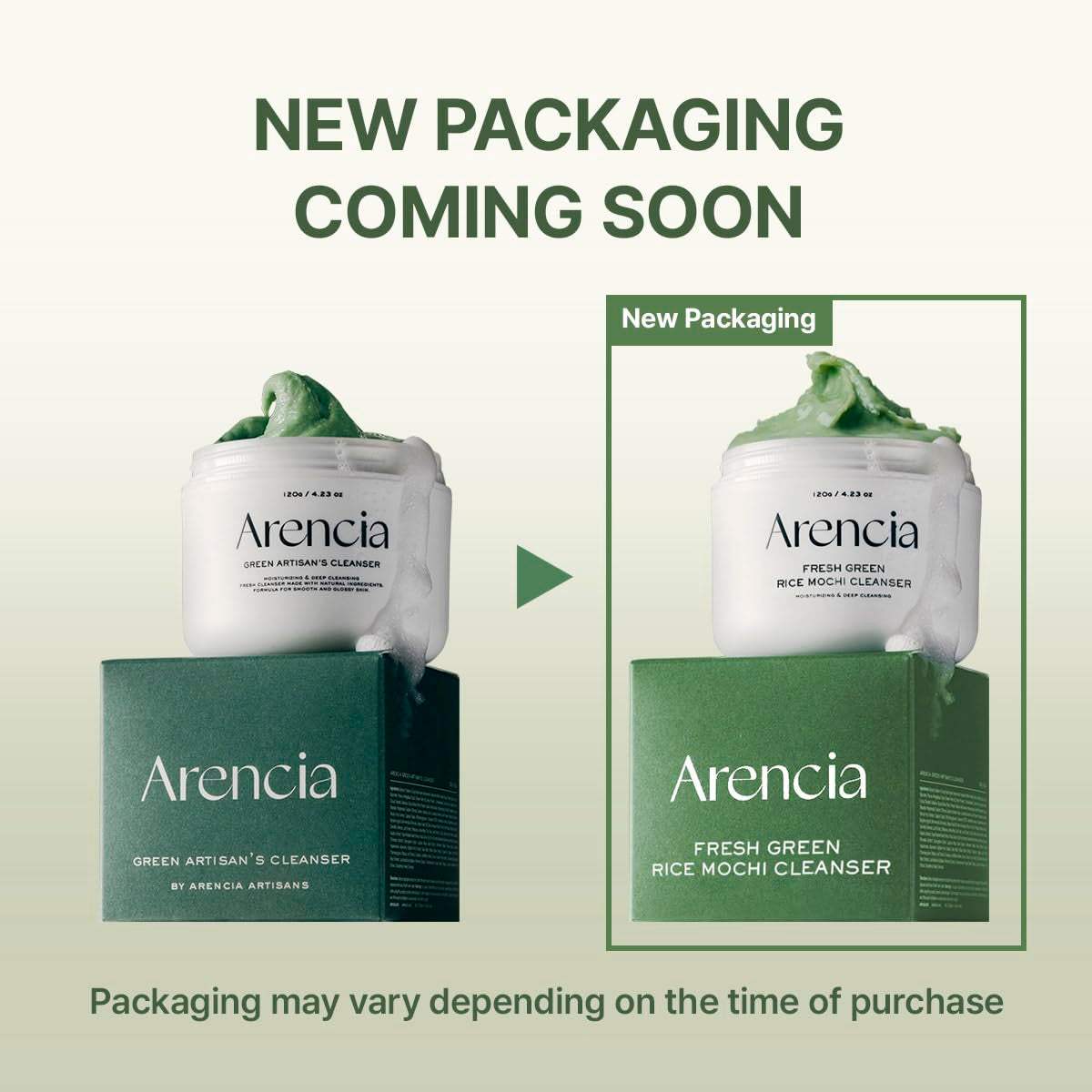 Arencia 3-in-1 deep cleansing face cleanser and exfoliating face mask with hydrating ingredients in new and old green packaging