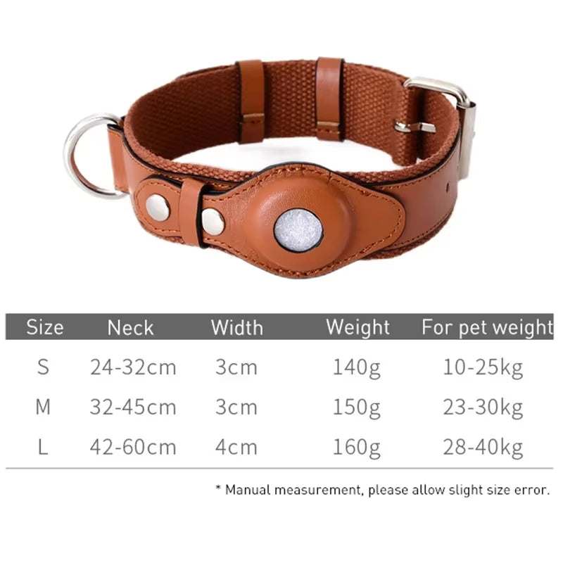Leather pet collar with adjustable buckle and Apple Airtag holder for secure pet tracking