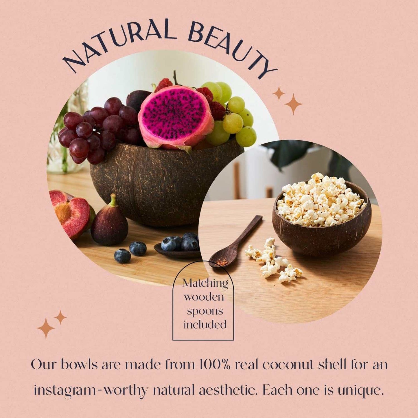 Eco-friendly coconut bowls with wooden spoons, featuring natural fruit and popcorn; ideal for sustainable kitchenware.