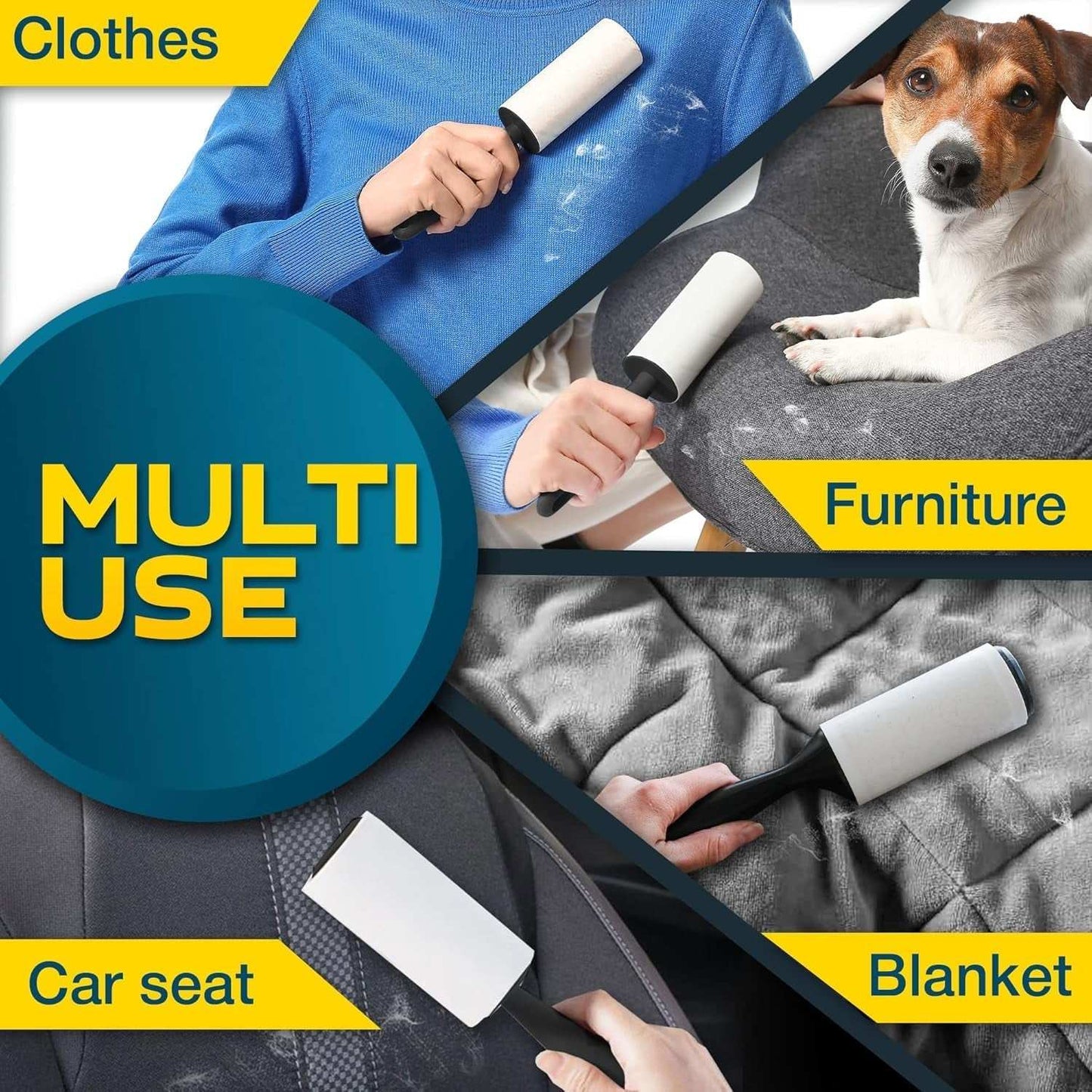 Pet Hair Lint Rollers removing pet hair from clothes, furniture, car seat, and blanket with ergonomic handle and sticky sheets.