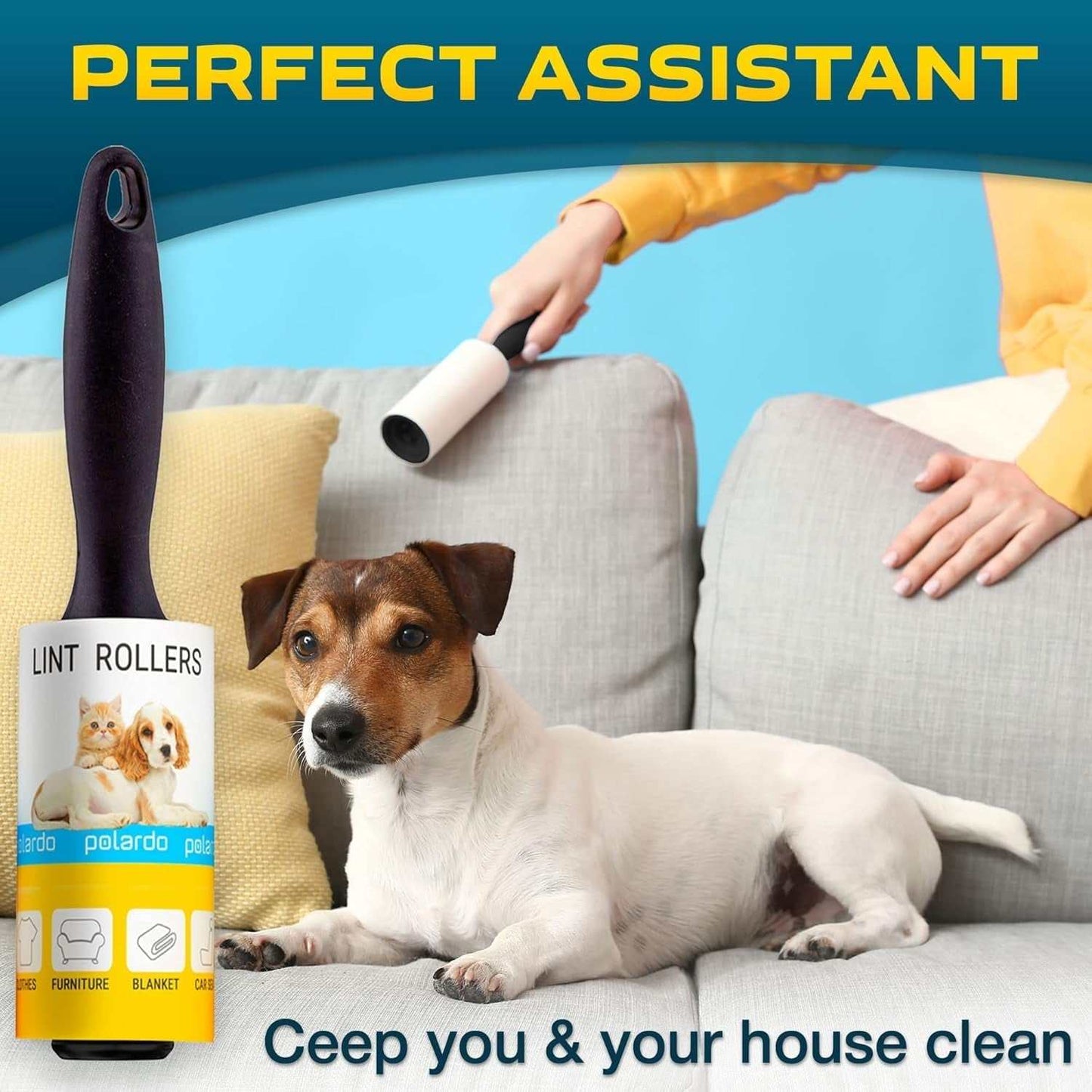 Pet Hair Lint Rollers with extra sticky sheets for removing pet hair from clothes, furniture, and carpets, featuring ergonomic handle and easy-to-tear sheets, portable 5-pack.