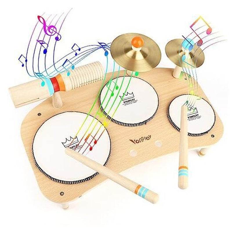 Kids wooden drum set with colorful musical notes, cymbals, and percussion instruments.