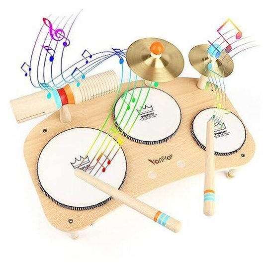 Kids wooden drum set with colorful musical notes, cymbals, and percussion instruments.