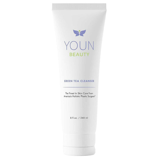 Paraben-free green tea facial cleanser with aloe vera, chamomile, and cucumber extracts for hydrating and soothing all skin types.