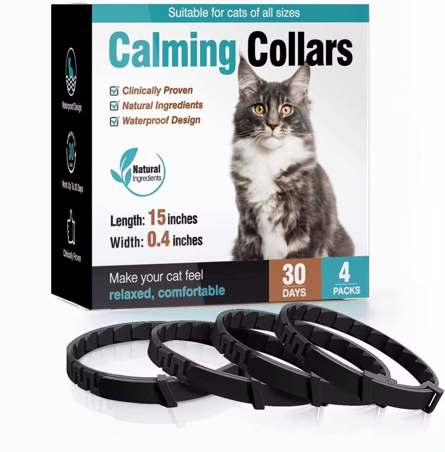 Black adjustable calming pheromone collars for cats to reduce anxiety and stress, 4-pack with 30 days usage and natural ingredients.