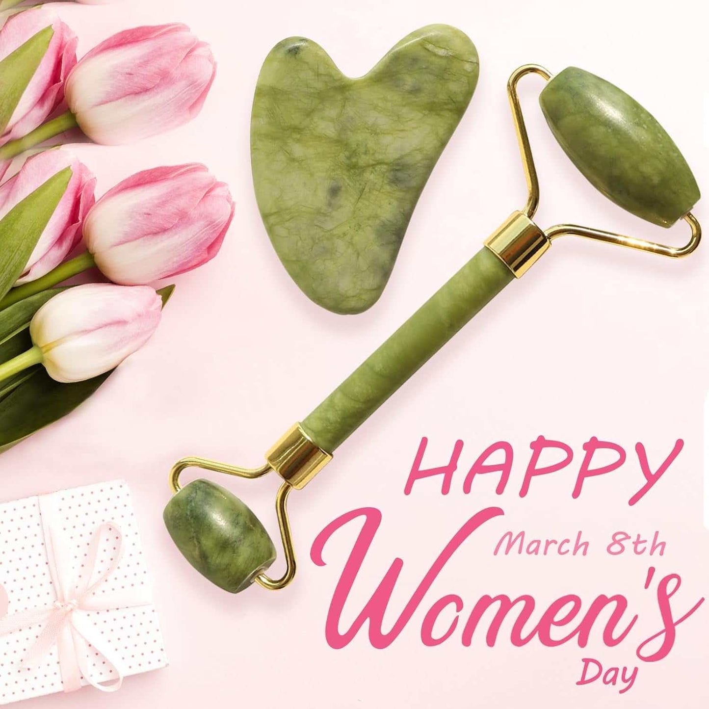 Facial massage jade roller and gua sha set with pink tulips, perfect self-care gift.