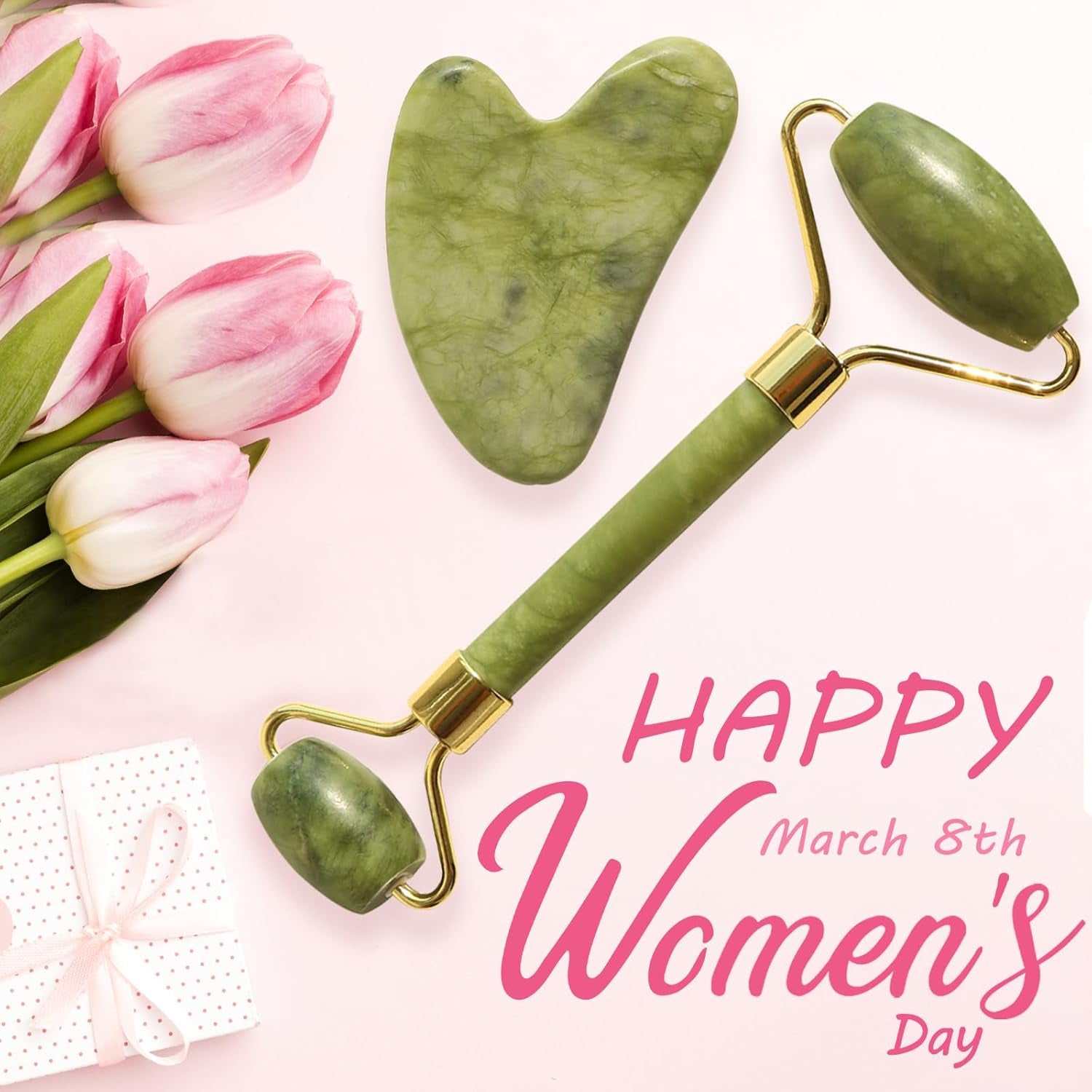 Facial massage jade roller and gua sha set with pink tulips, perfect self-care gift.