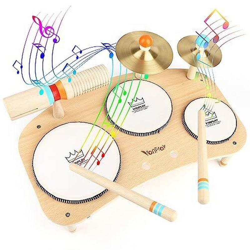Kids wooden drum set with colorful, engaging design, perfect for toddlers aged 1-3, encouraging musical and motor skill development.