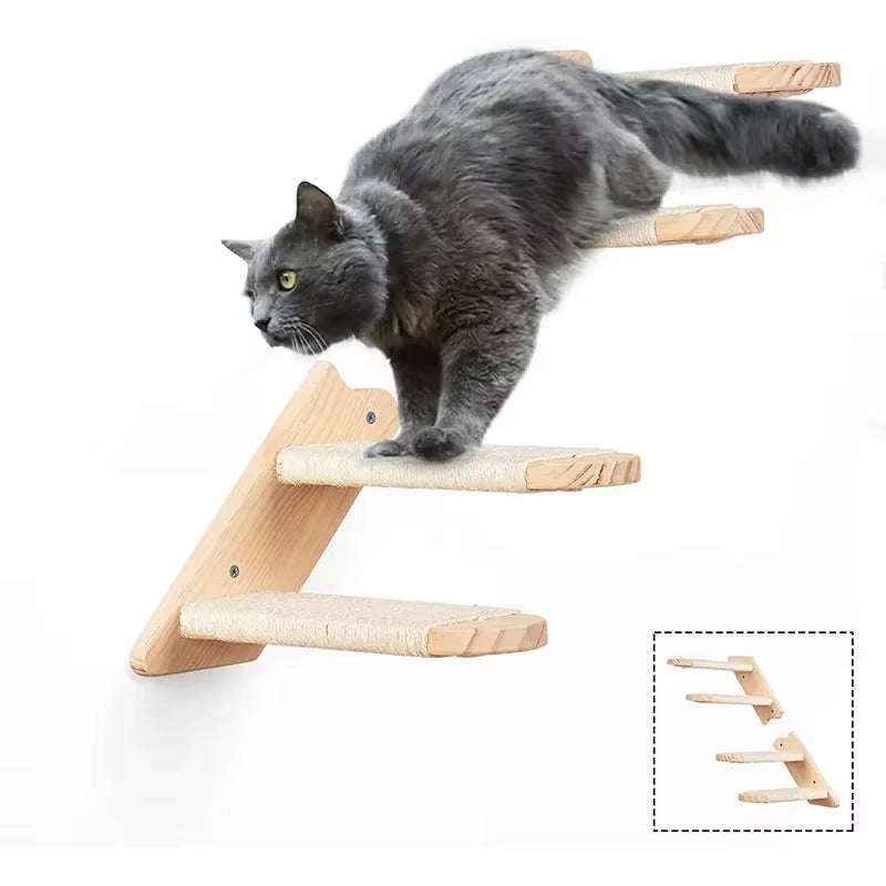 Wall-mounted cat climbing shelf with four steps, perfect for active cats, made of eco-friendly materials with reversible design for space-saving installation.