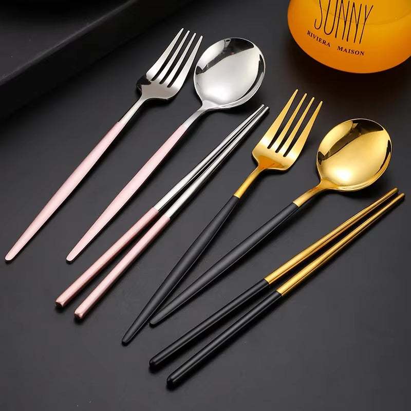 Eco-friendly stainless steel cutlery set with spoon, fork, and chopsticks in various colors on a black surface.