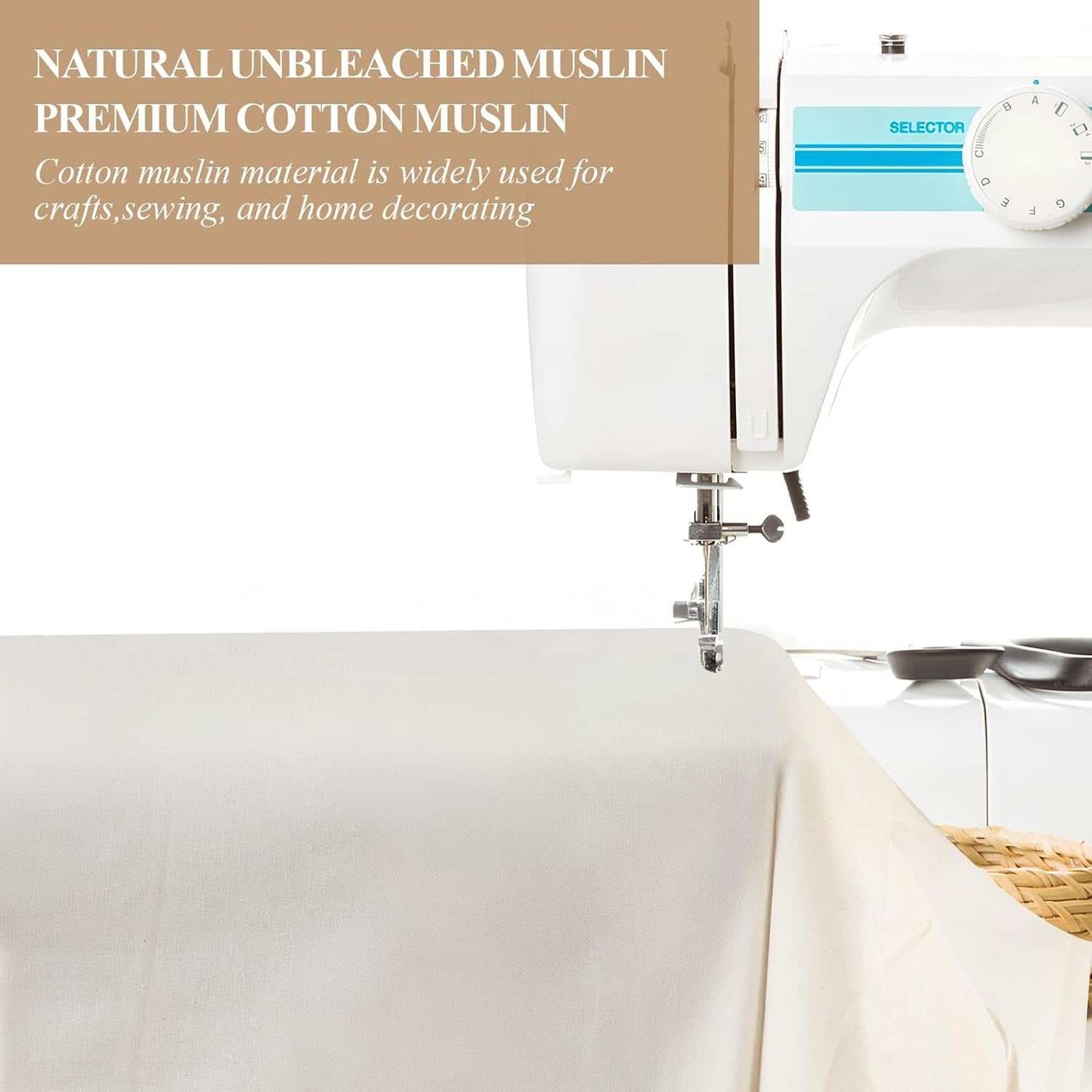 Natural unbleached muslin fabric on sewing machine for crafts and home décor.