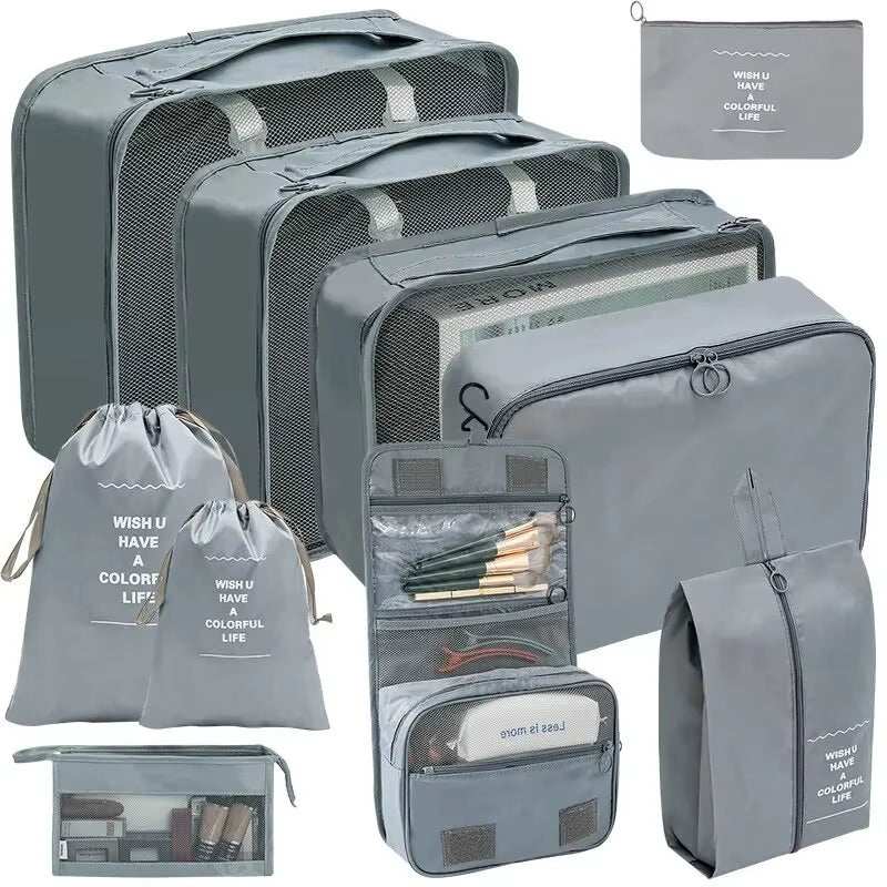 Travel organizer storage bag set with multiple sizes, lightweight durable fabric, including packing cubes, laundry bags, and shoe pouches for convenient, organized travel.