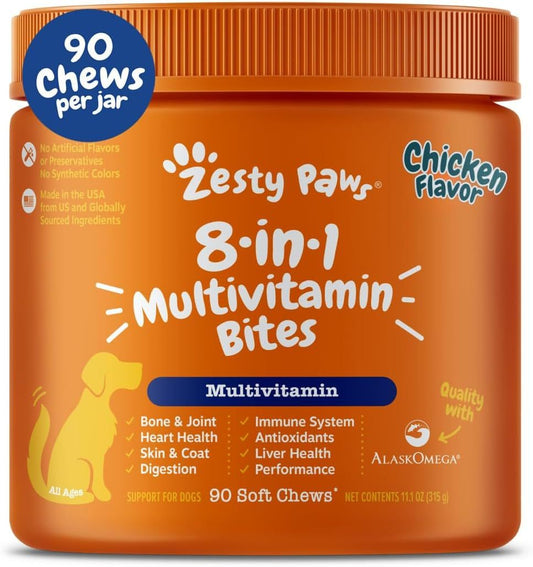 Zesty Paws 8-in-1 Multivitamin Soft Chews for dogs, chicken flavor, supports joint, heart, skin, digestion, immune system, antioxidants, liver health, 90 chews per jar