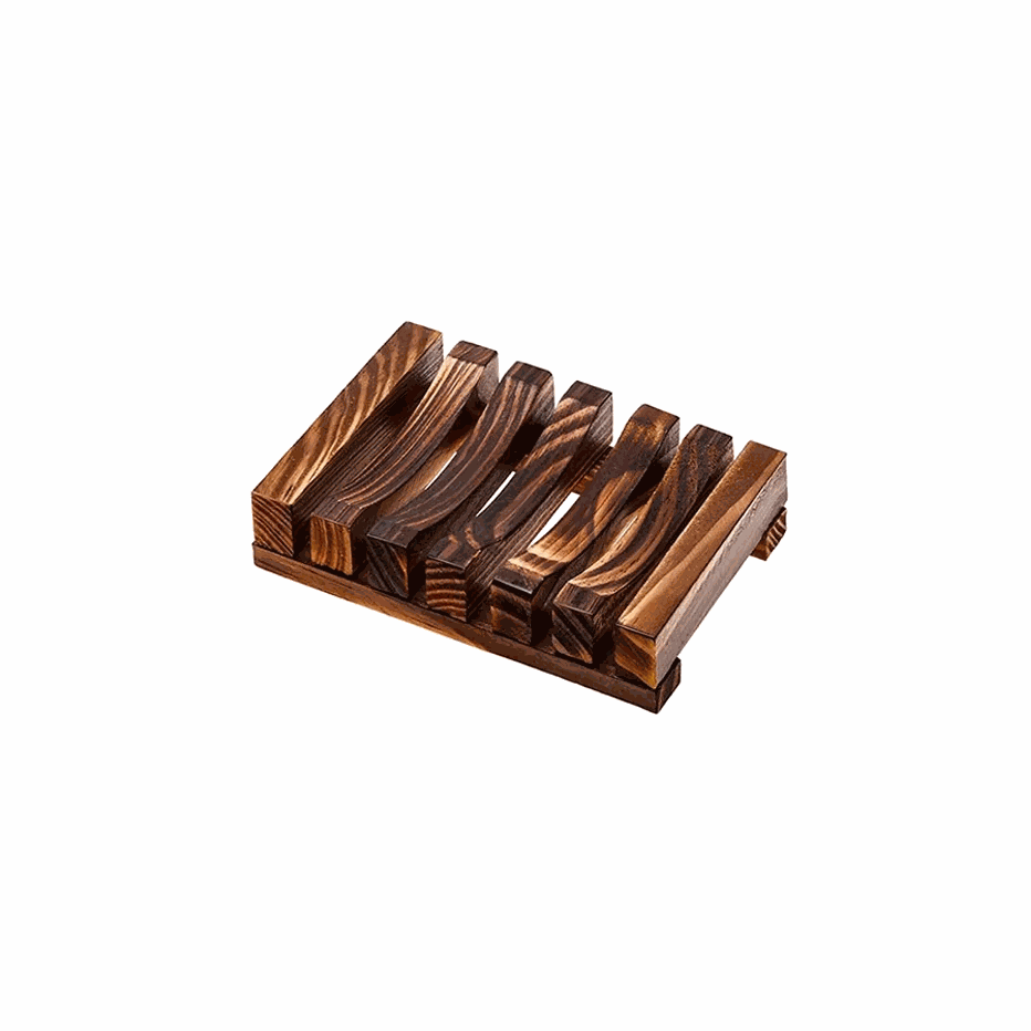 Natural bamboo soap dish with slatted drainage for bathroom organization and soap storage