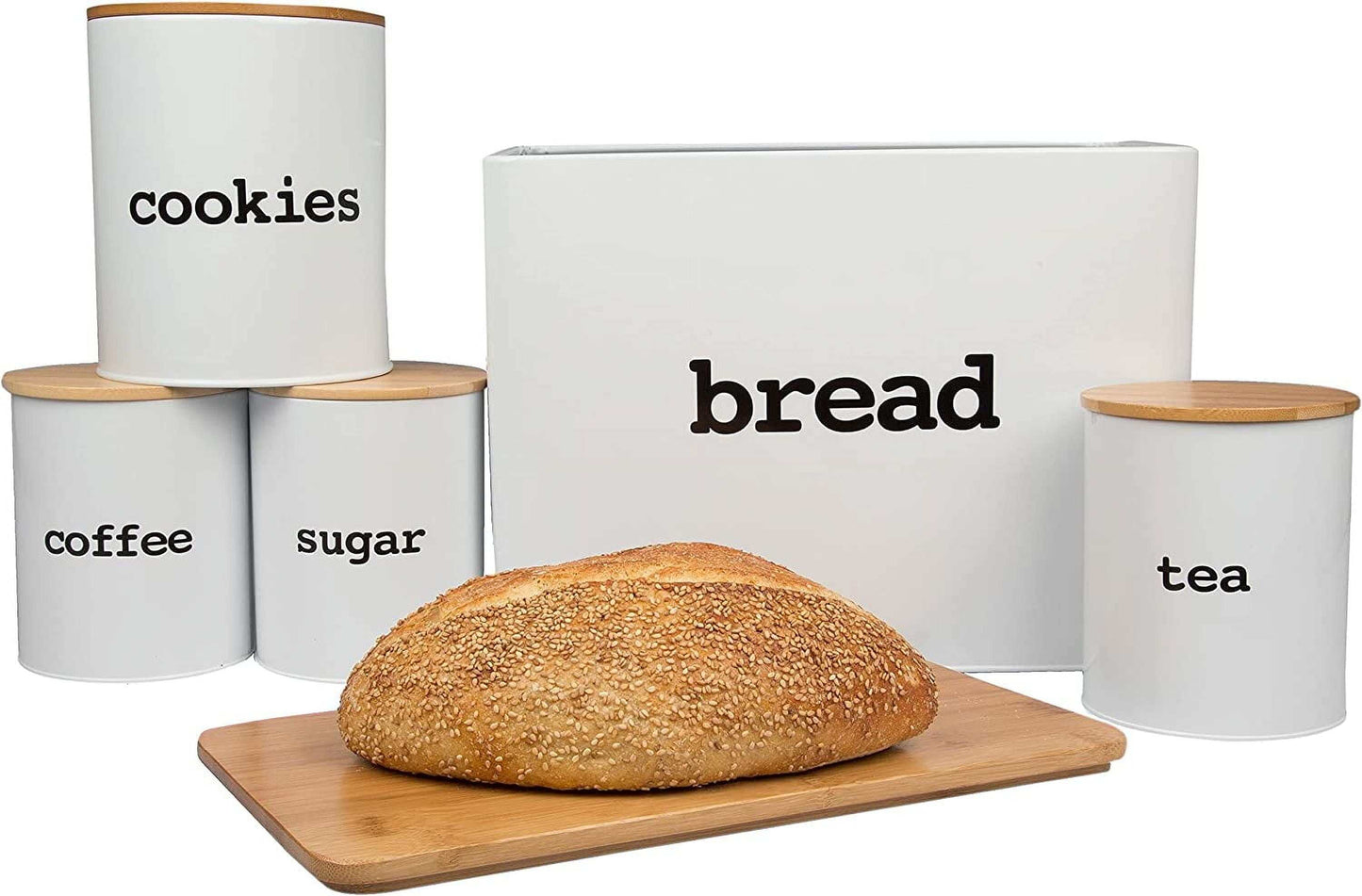 Bamboo Bread Box Storage; 5 Piece Set with Bamboo Cutting Board
