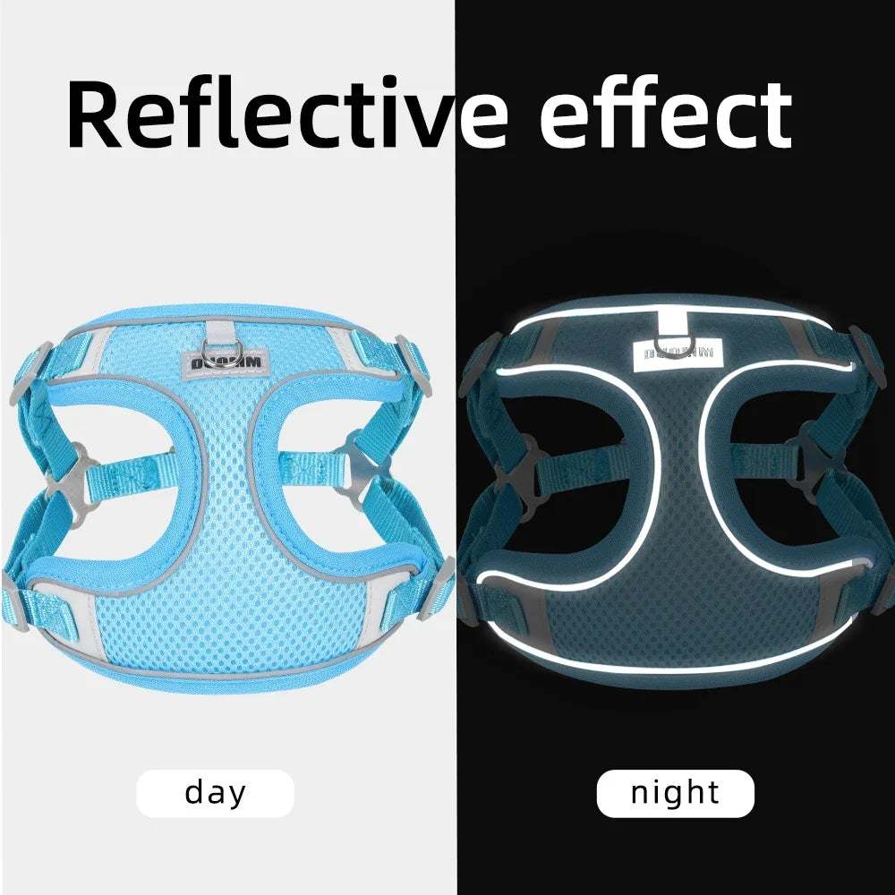 Dog outdoor walking harness leash set with breathable fabric and reflective strips for visibility at night