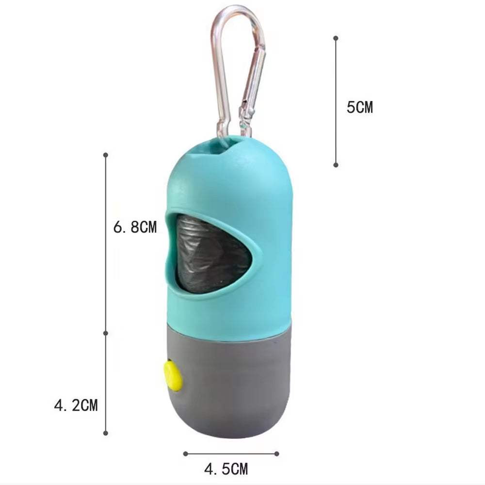 Portable dog poop bag dispenser with built-in LED light for night walks and eco-friendly degradable bags.