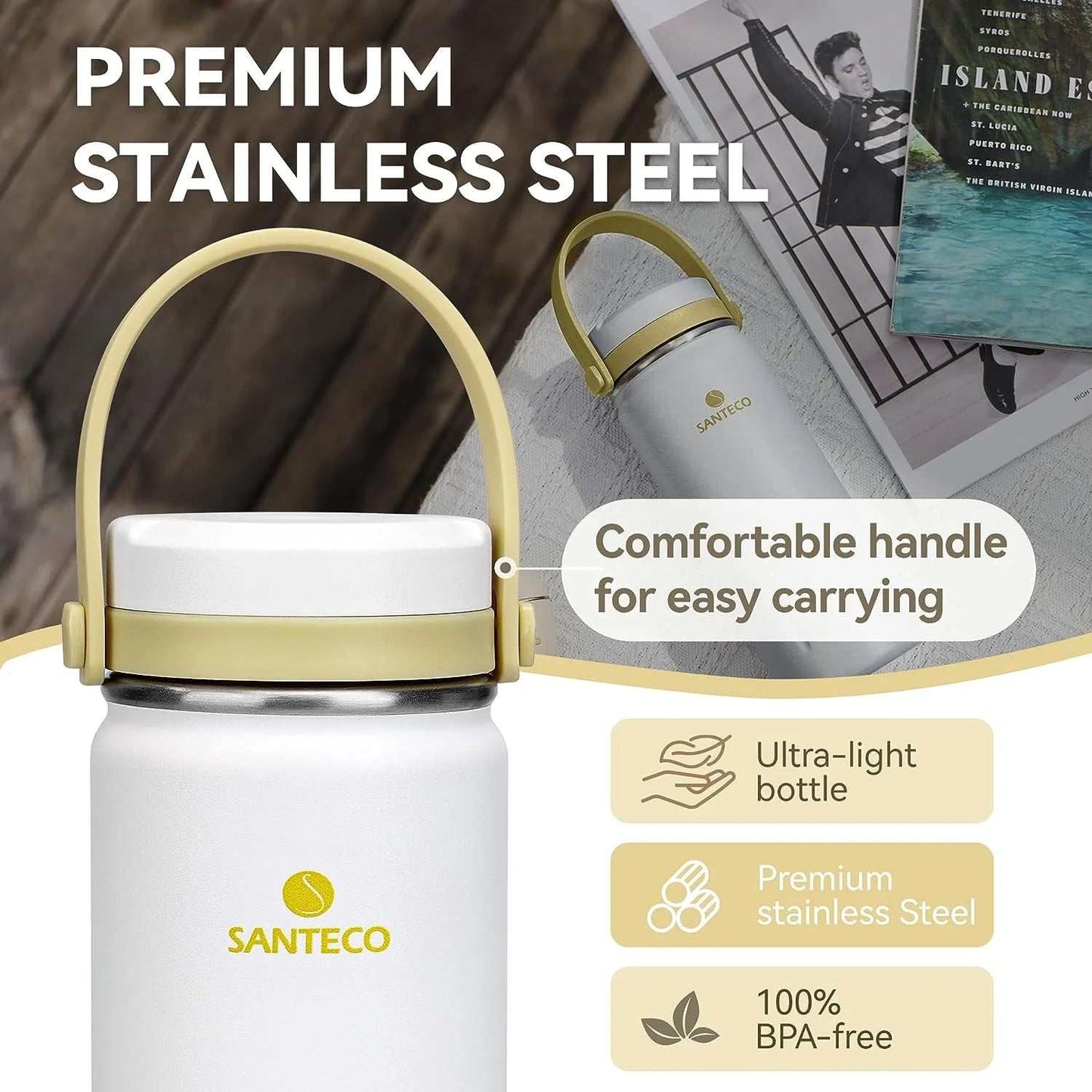 Santeco Water Bottle with handle, premium stainless steel, comfortable grip, ultra-light, BPA-free.