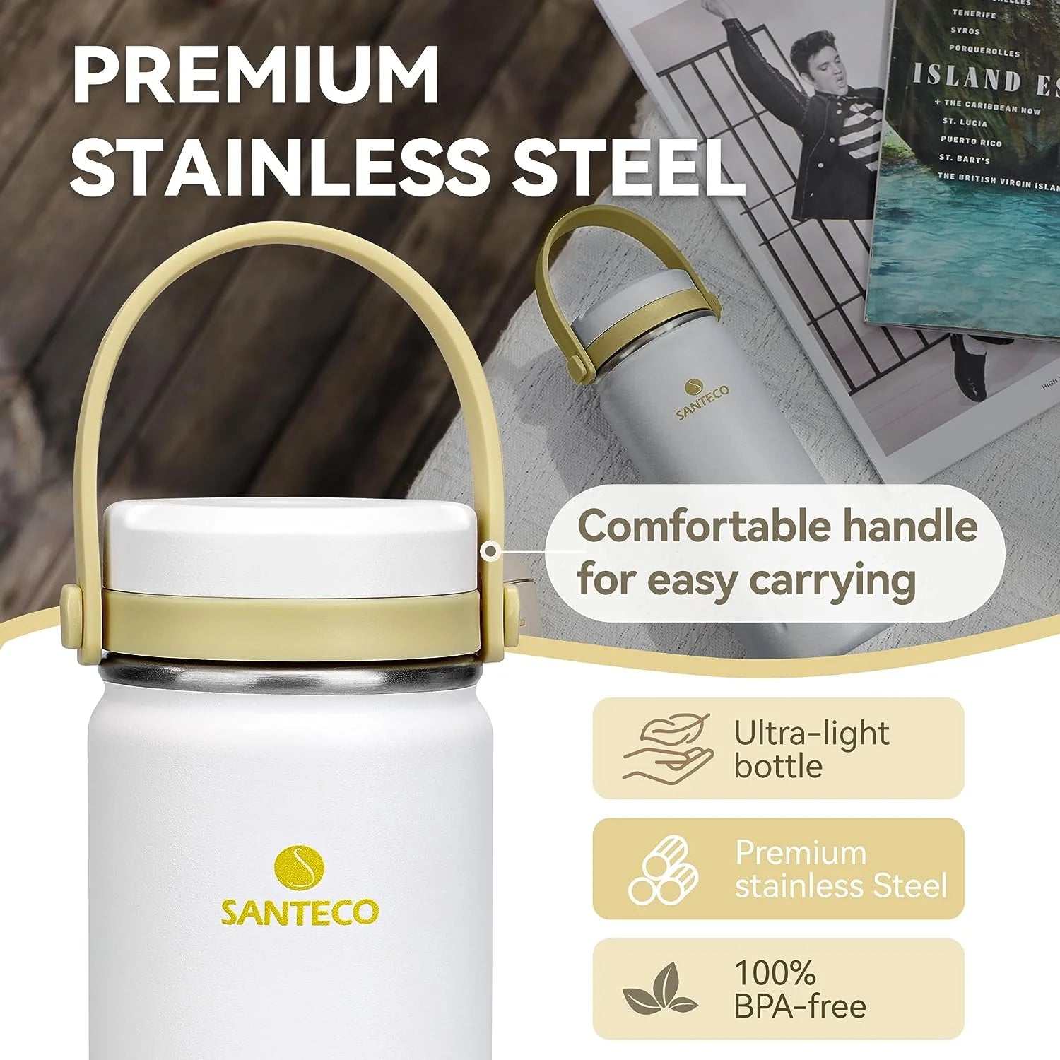 Santeco Water Bottle with handle, premium stainless steel, comfortable grip, ultra-light, BPA-free.