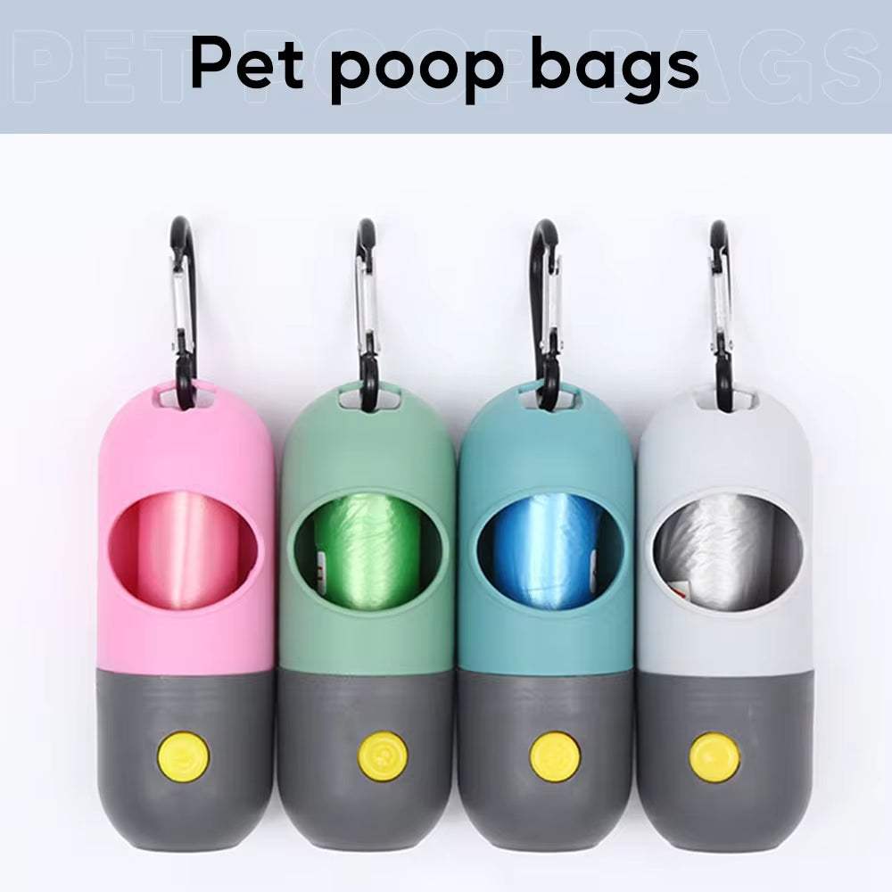 Compact dog poop bag dispensers with built-in LED lights for nighttime walks, available in multiple colors, eco-friendly and portable designs.
