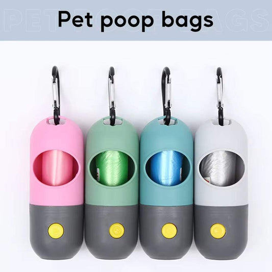 Compact dog poop bag dispensers with built-in LED lights for nighttime walks, available in multiple colors, eco-friendly and portable designs.