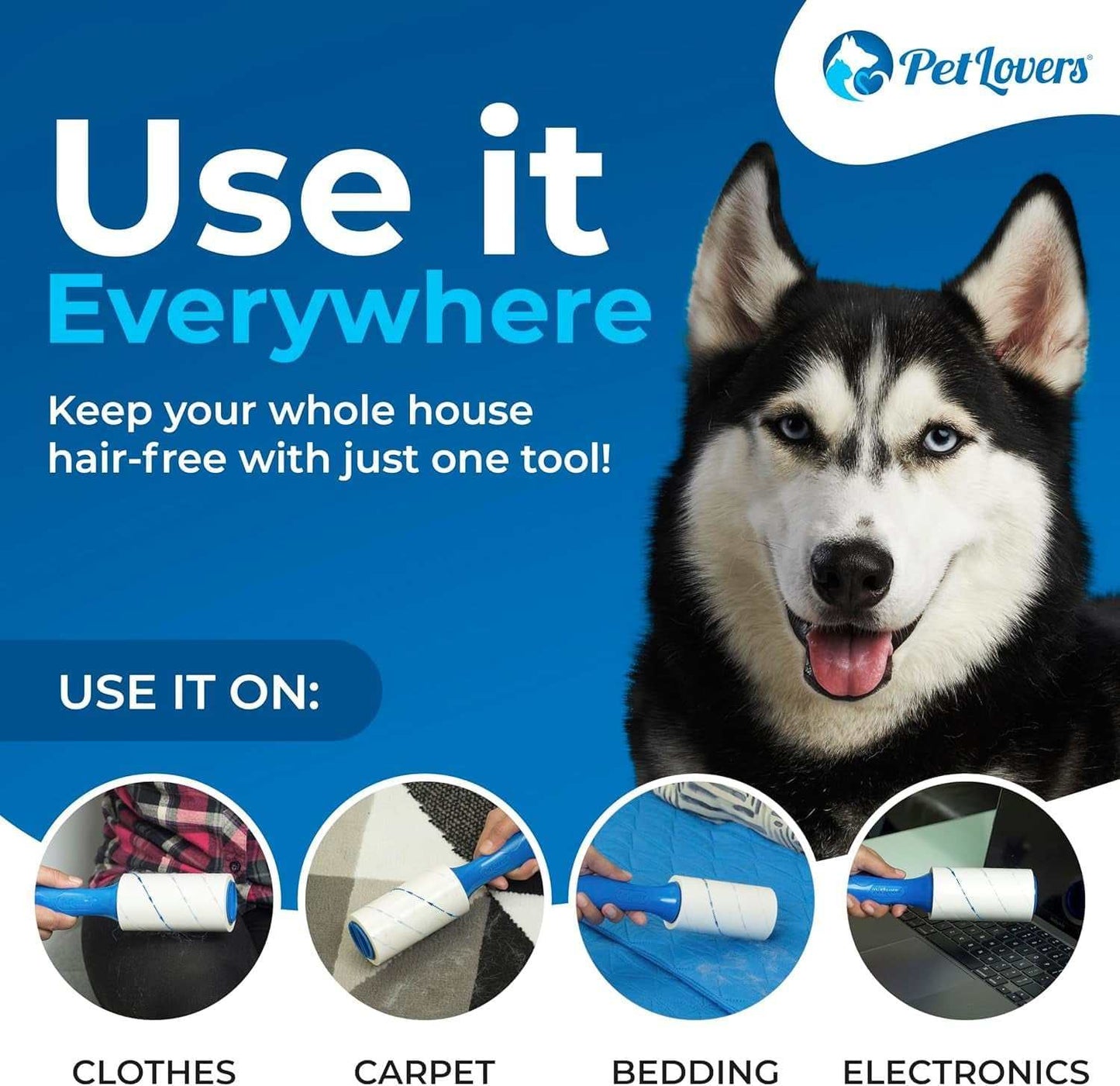Pet Hair Removal Lint Roller with extra sticky sheets for removing pet hair from clothes, carpet, bedding, and electronics, featuring ergonomic handle and multi-colored design.