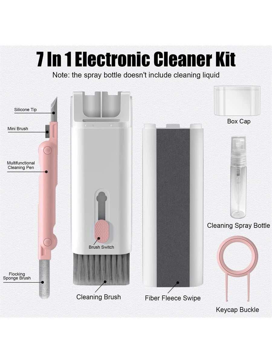 7-In-1 electronic cleaning kit with brush, cleaning pen, spray bottle, fiber fleece swipe, and keycap buckle in pink and white colors