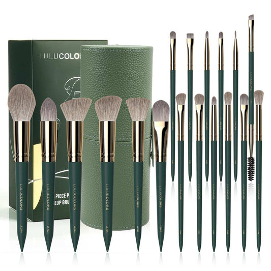 18-piece green makeup brush set with soft synthetic bristles and holder case.