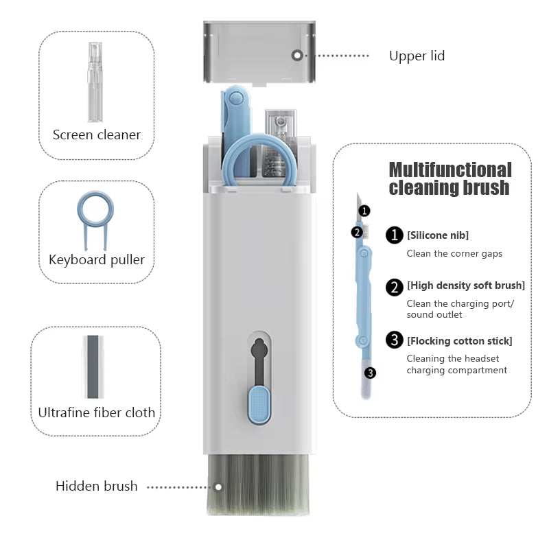 7-in-1 electronic cleaning kit with multifunctional brush, screen cleaner, keyboard puller, and ultrafine fiber cloth.