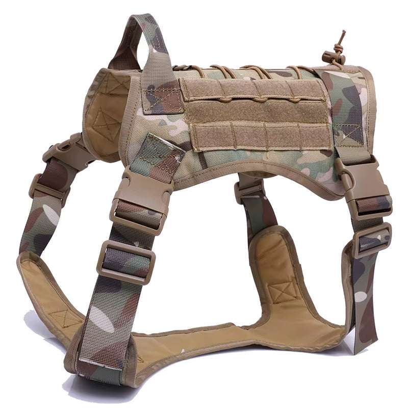 Tactical camo dog harness with adjustable straps, MOLLE webbing, and quick-release buckles for medium to large active dogs