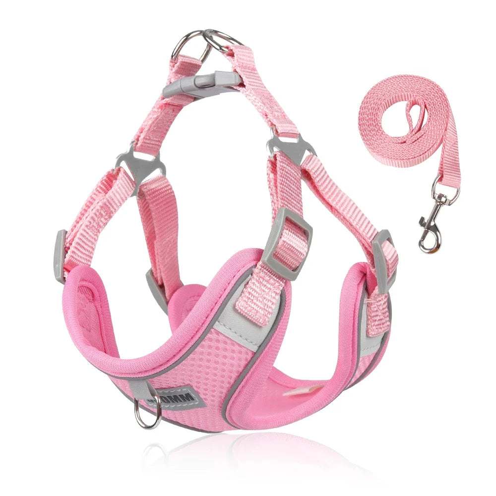 Pink breathable mesh dog harness and leash set with adjustable straps and reflective strips for small to medium pets