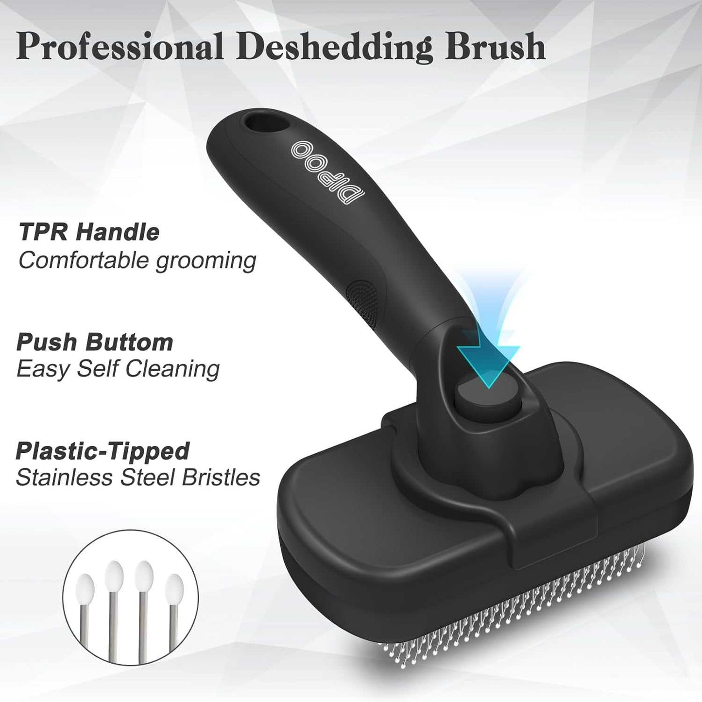 Pet self cleaning brush with ergonomic TPR handle, push button for easy cleaning, and plastic-tipped stainless steel bristles for effective deshedding.
