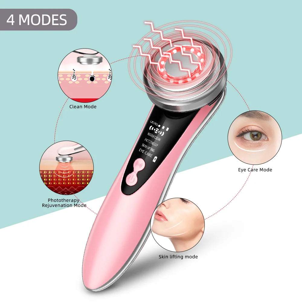 LED Electric Microcurrent Face Massager with hot, cold, and LED therapy modes for skin rejuvenation and facial tightening.