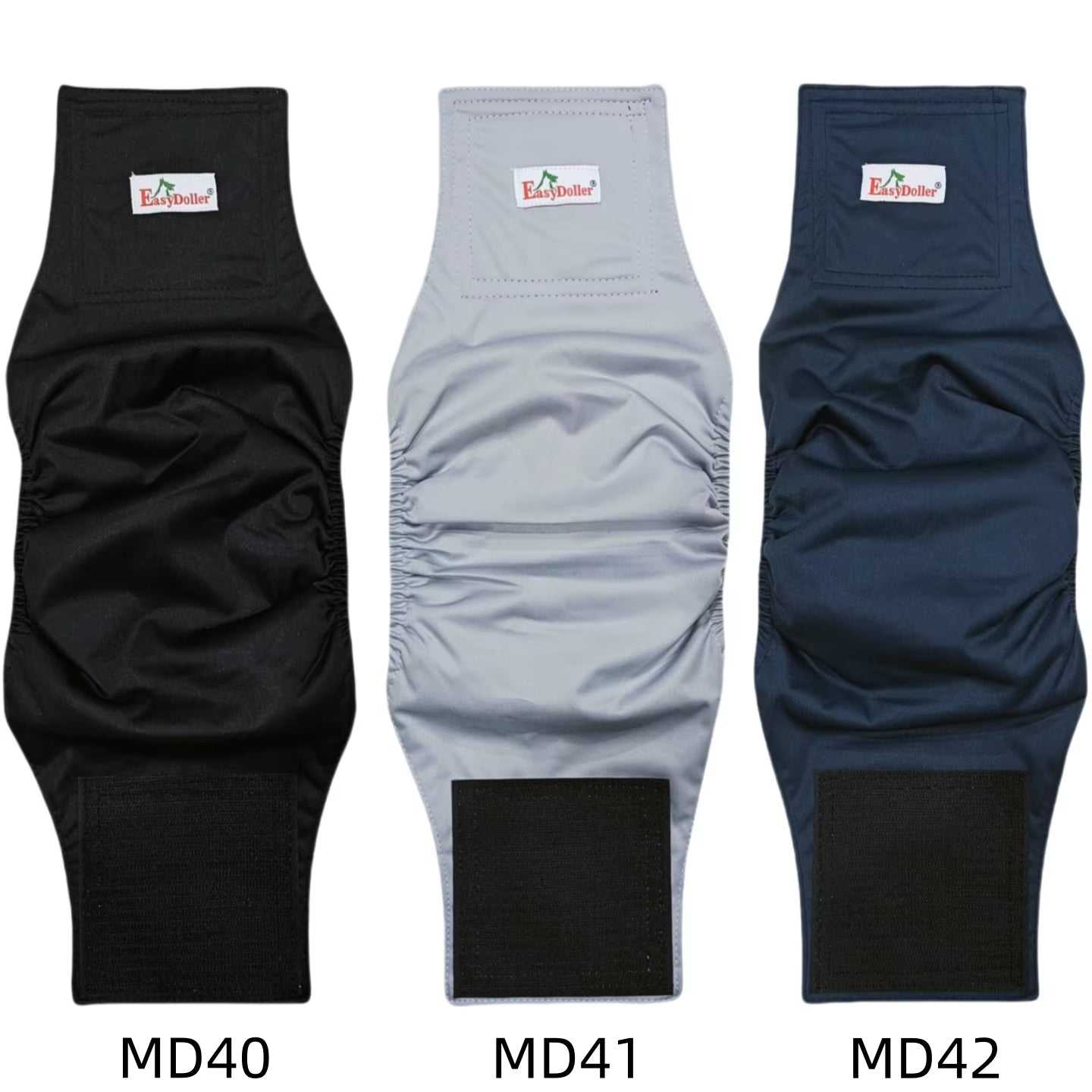 Three reusable Dog Care Diapers in black, gray, and navy colors, designed for pet hygiene and comfort with adjustable Velcro closures.