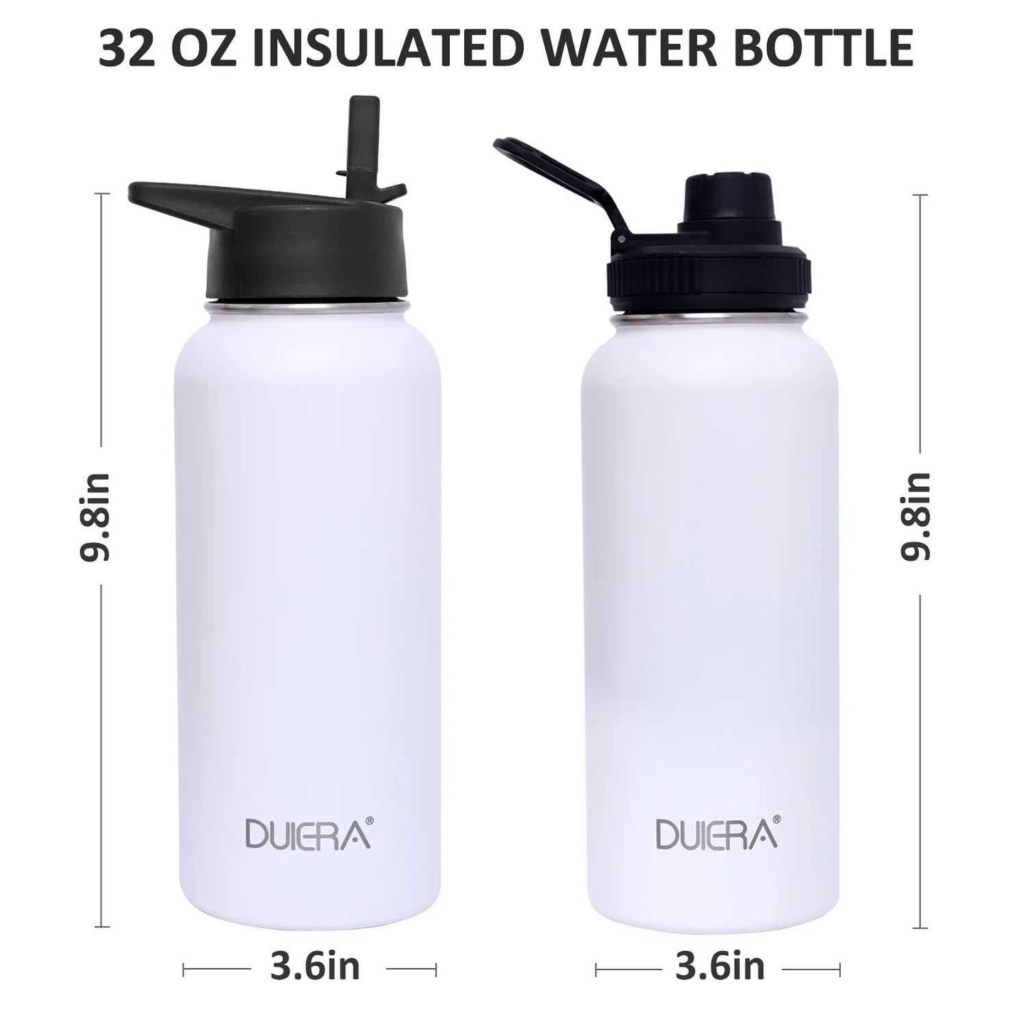 32 oz stainless steel vacuum insulated water bottle with leak-proof straw lid.