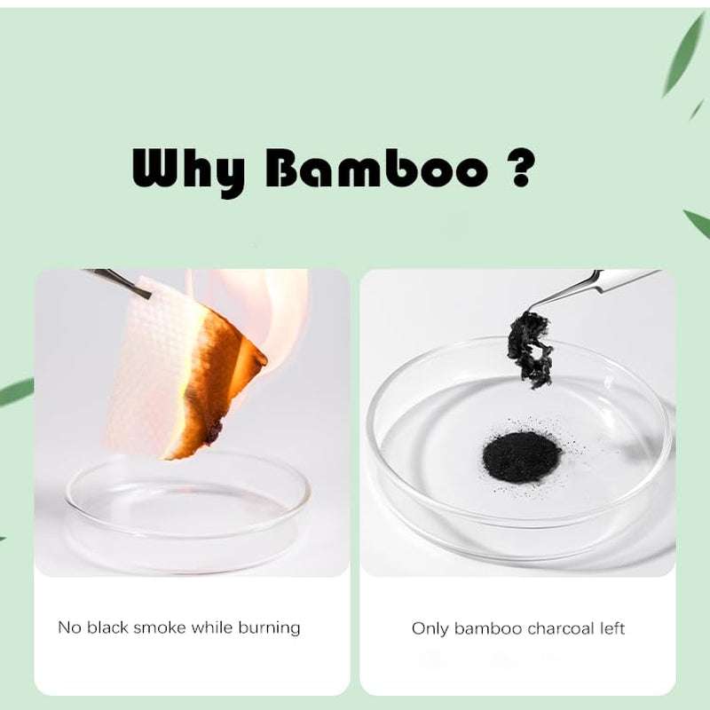 Bamboo facial tissue burning demonstration, showing no black smoke and bamboo charcoal residue.