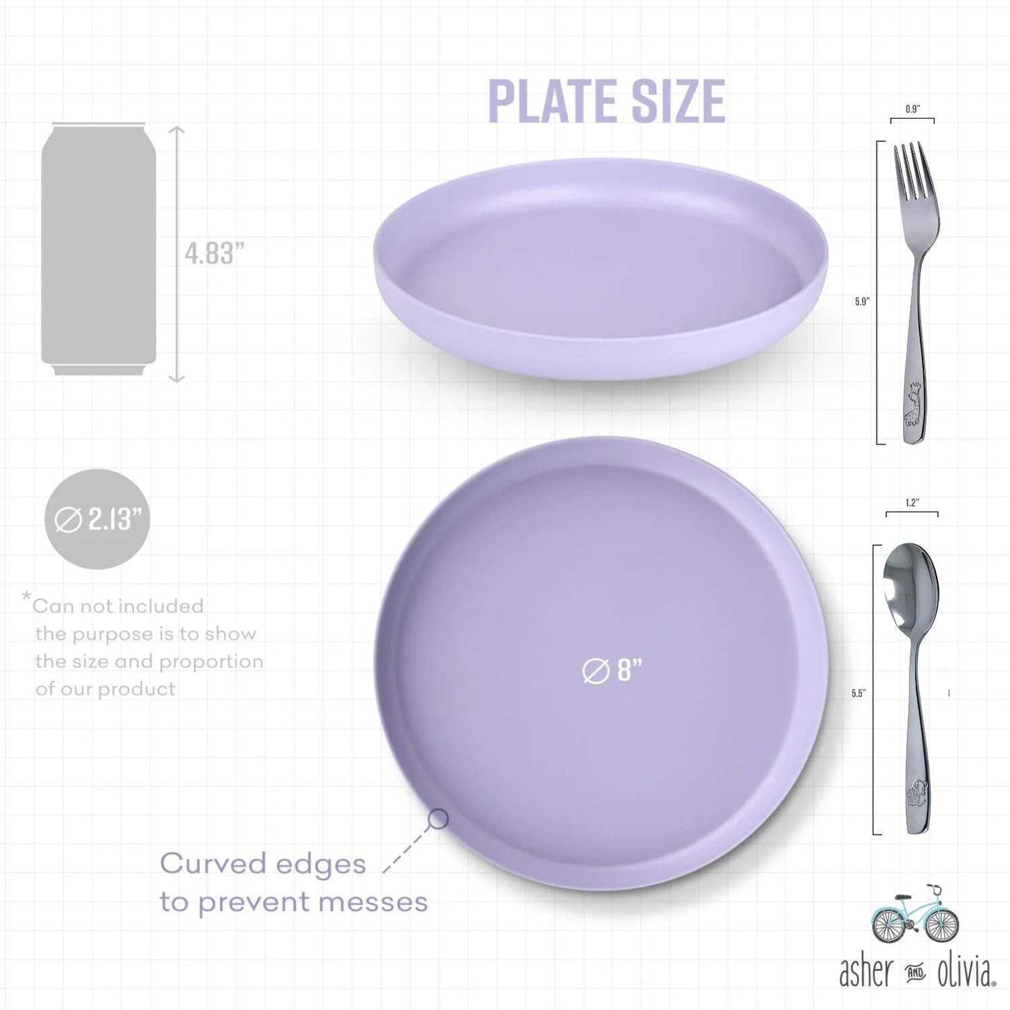 Stainless steel utensils with 8-inch bamboo plates, eco-friendly and safe for kids, perfect for self-feeding.