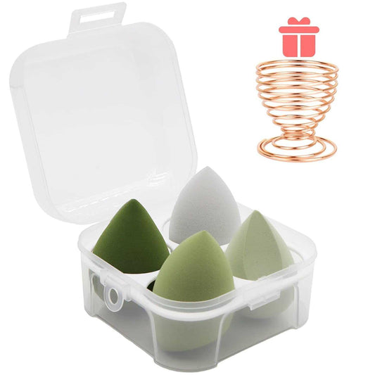 Makeup sponge set with 4 green and gray beauty blenders in a clear storage case and a rose gold holder for flawless makeup application